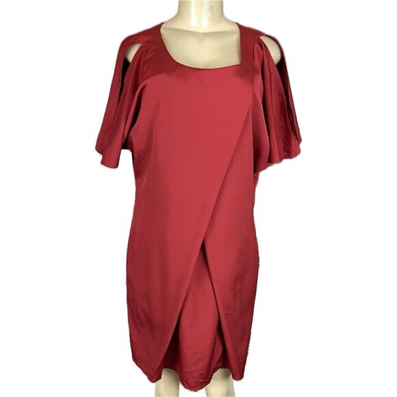 Jessica Simpson M Red Cross-Over Front Zip Back Cold Shoulder Short Sleeve Dress - Picture 2 of 6